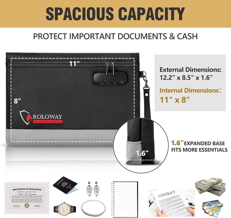 ROLOWAY Fireproof Money Bag with Lock for Cash, 6400°F Fire Proof Document Bag (12.2 x 8.5 x 1.6 inches), Money Pouch with Zipper (Black) - Image 2